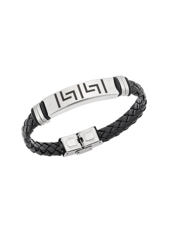 Βραχιόλι Senza Men's Steel, Ατσάλι με μαίανδρο και μαύρη δερματίνη - SSD5482SBK