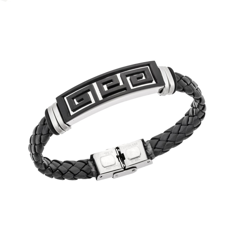 Βραχιόλι Senza Men's Steel, Ατσάλι με μαίανδρο και μαύρη δερματίνη - SSD5483SBK