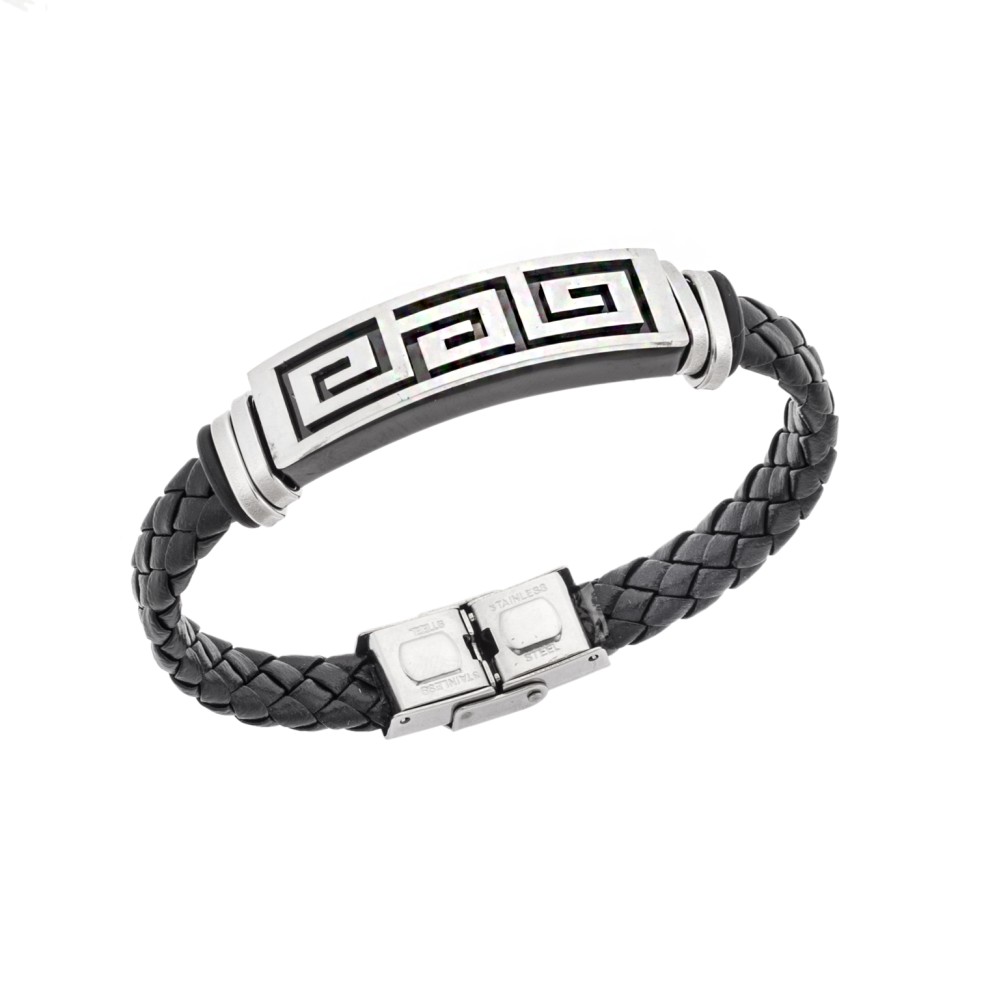 Βραχιόλι Senza Men's Steel, Ατσάλι με μαίανδρο και μαύρη δερματίνη - SSD5483SR