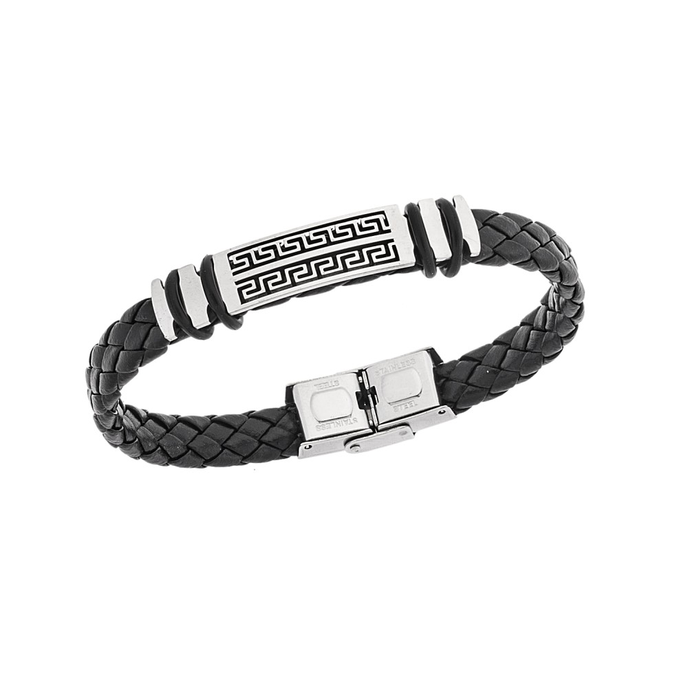 Βραχιόλι Senza Men's Steel, Ατσάλι με μαίανδρο και μαύρη δερματίνη - SSD5484SR