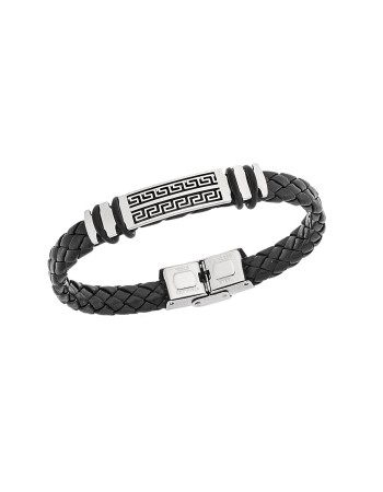 Βραχιόλι Senza Men's Steel, Ατσάλι με μαίανδρο και μαύρη δερματίνη - SSD5484SR