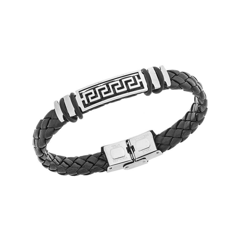 Βραχιόλι Senza Men's Steel, Ατσάλι με μαίανδρο και μαύρη δερματίνη - SSD5486SR