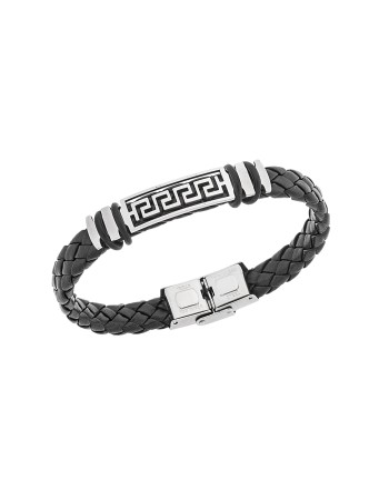 Βραχιόλι Senza Men's Steel, Ατσάλι με μαίανδρο και μαύρη δερματίνη - SSD5486SR