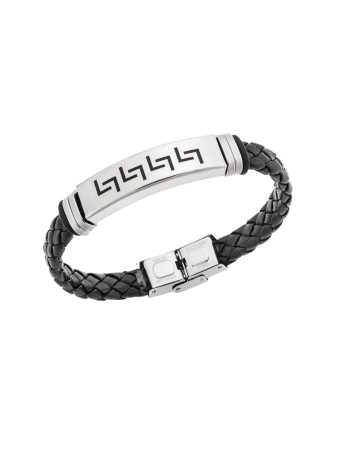 Βραχιόλι Senza Men's Steel, Ατσάλι με μαίανδρο και μαύρη δερματίνη - SSD5487SR