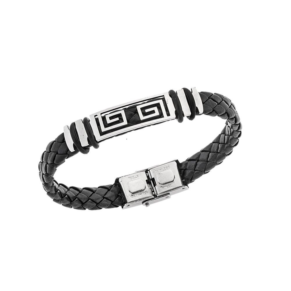 Βραχιόλι Senza Men's Steel, Ατσάλι με διπλό μαίανδρο και μαύρη δερματίνη - SSD5490SR