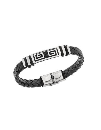 Βραχιόλι Senza Men's Steel, Ατσάλι με διπλό μαίανδρο και μαύρη δερματίνη - SSD5490SR