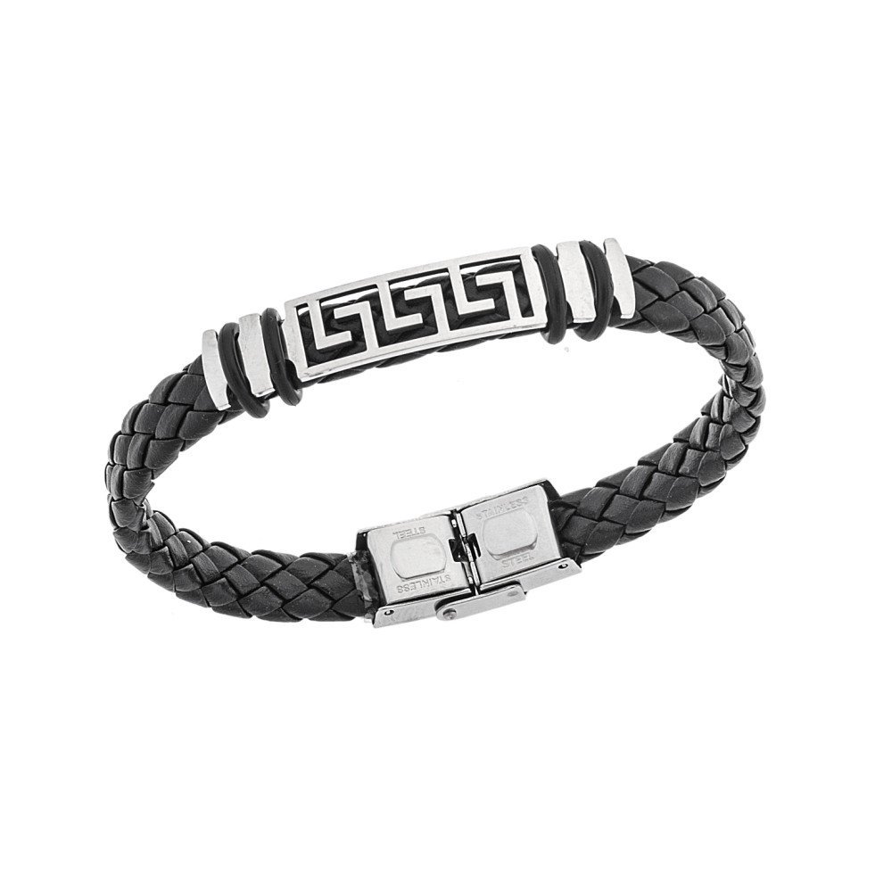 Βραχιόλι Senza Men's Steel, Ατσάλι με τριπλό μαίανδρο και μαύρη δερματίνη - SSD5491SR