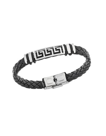 Βραχιόλι Senza Men's Steel, Ατσάλι με τριπλό μαίανδρο και μαύρη δερματίνη - SSD5491SR