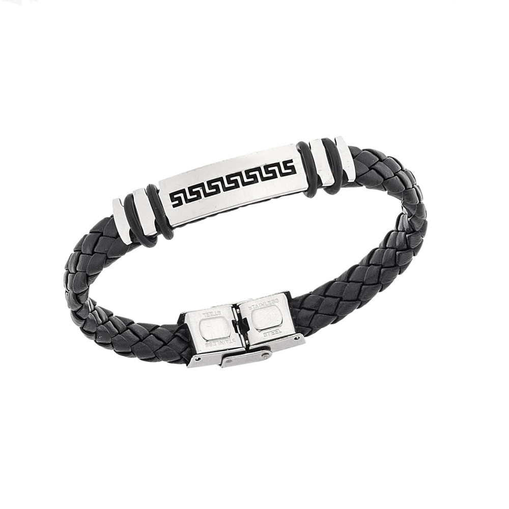 Βραχιόλι Senza Men's Steel, Ατσάλι με μαίανδρο και μαύρη δερματίνη - SSD5492SR