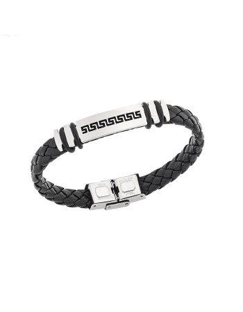 Βραχιόλι Senza Men's Steel, Ατσάλι με μαίανδρο και μαύρη δερματίνη - SSD5492SR