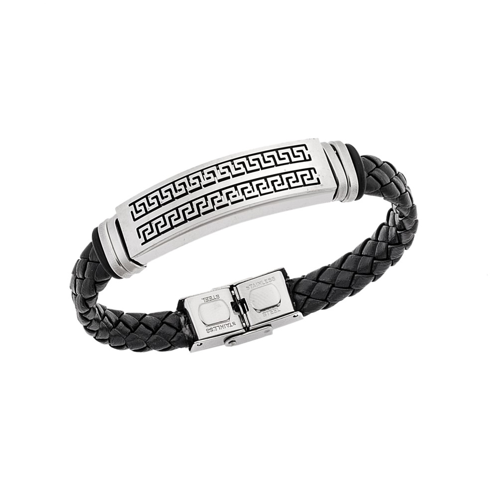 Βραχιόλι Senza Men's Steel, Ατσάλι με διπλή σειρά μαίανδρο και μαύρη δερματίνη - SSD5494SR