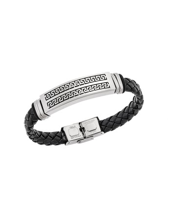 Βραχιόλι Senza Men's Steel, Ατσάλι με διπλή σειρά μαίανδρο και μαύρη δερματίνη - SSD5494SR