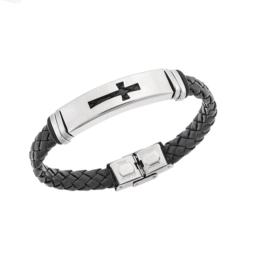 Βραχιόλι Senza Men's Steel, Ατσάλι με σταυρό και μαύρη δερματίνη - SSD5495SR