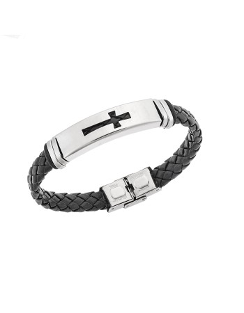 Βραχιόλι Senza Men's Steel, Ατσάλι με σταυρό και μαύρη δερματίνη - SSD5495SR