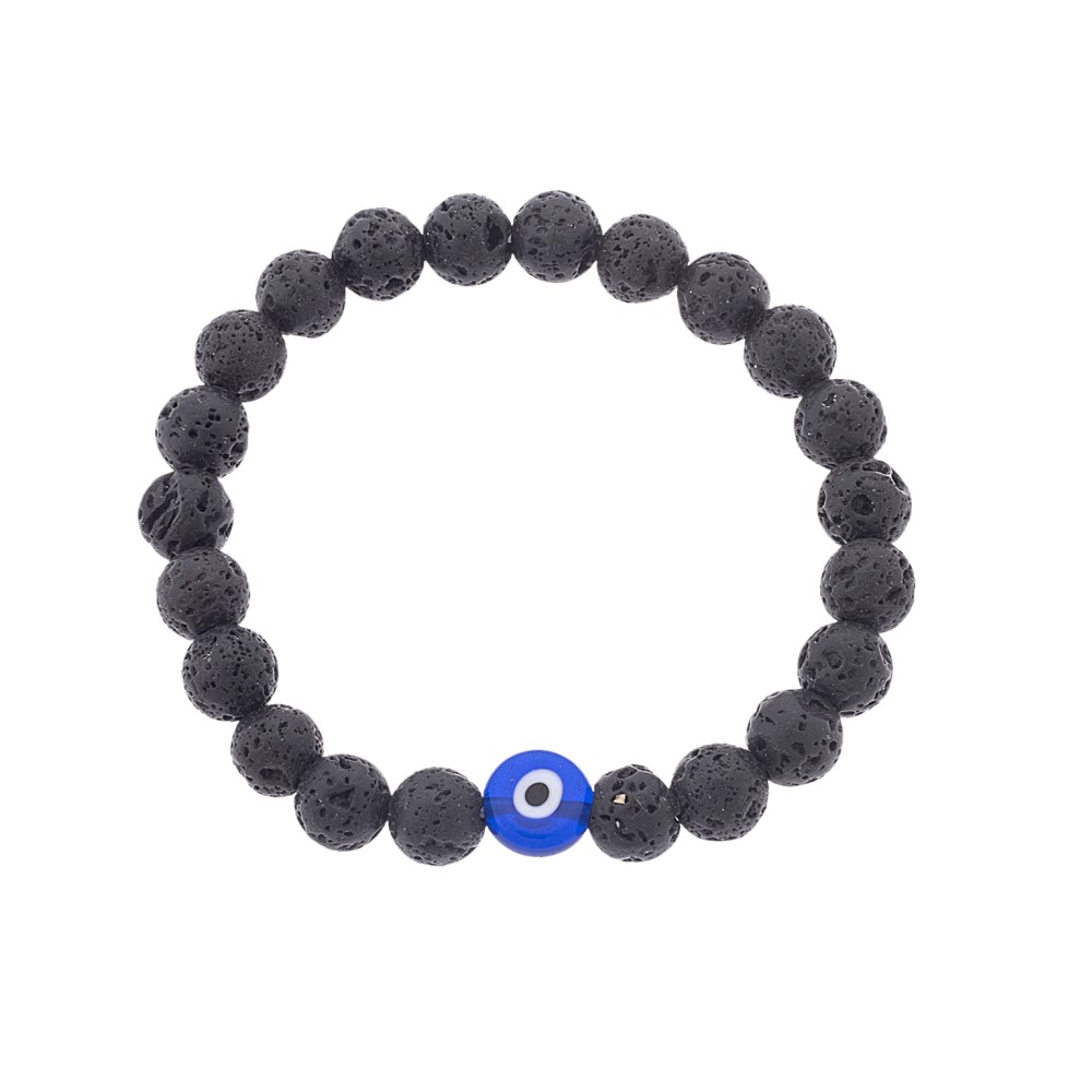 Βραχιόλι Senza Men's, λάστιχο με μπλε ματάκι και μαύρες πέτρες από Λάβα 0.8 cm - SSD5546