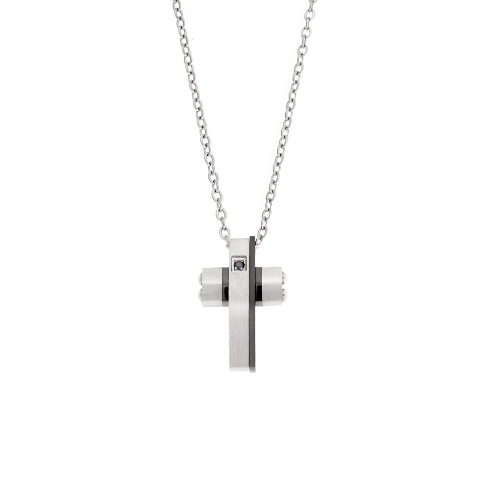 Κολιέ Senza Men's Steel, Δίχρωμος Σταυρός από Ατσάλι, με μαύρη πέτρα - SSD5551SBK