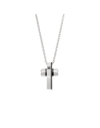 Κολιέ Senza Men's Steel, Δίχρωμος Σταυρός από Ατσάλι, με μαύρη πέτρα - SSD5551SBK