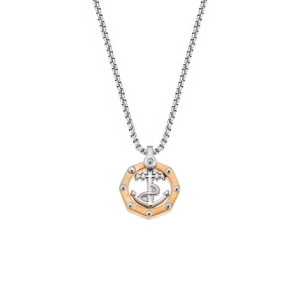 Κολιέ Senza Men's Steel, Δίχρωμη Άγκυρα από επιχρυσωμένο Ατσάλι με ασημί καδένα - SSD5593SR