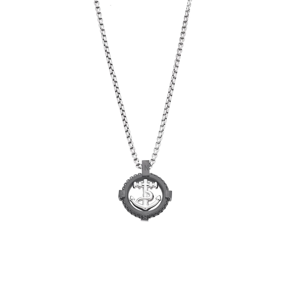 Κολιέ Senza Men's Steel, Δίχρωμη Άγκυρα από Ατσάλι με μαύρη καδένα - SSD5594SR