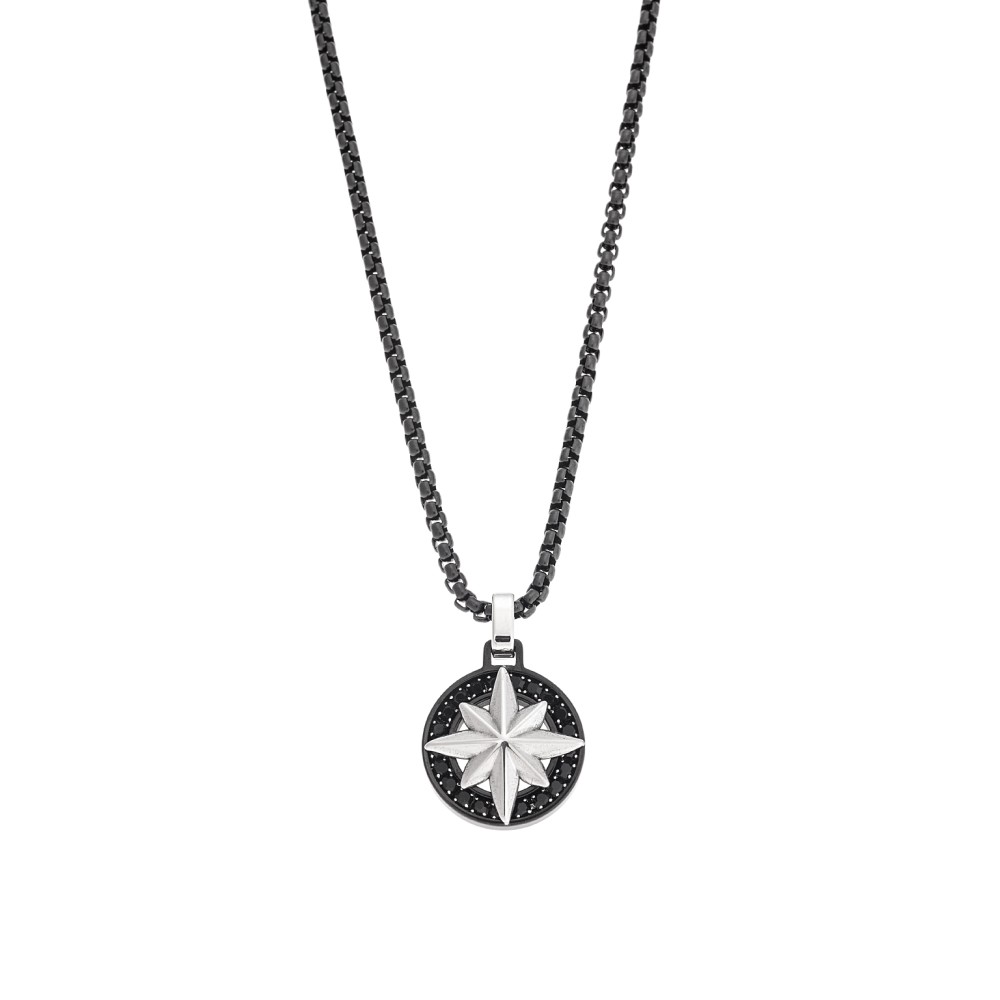 Κολιέ Senza Men's Steel, Δίχρωμη Πυξίδα από Ατσάλι με μαύρη καδένα - SSD5597BK