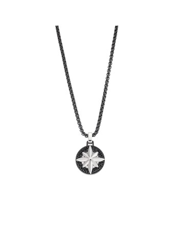 Κολιέ Senza Men's Steel, Δίχρωμη Πυξίδα από Ατσάλι με μαύρη καδένα - SSD5597BK