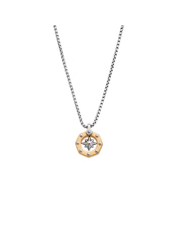 Κολιέ Senza Men's Steel, Δίχρωμη Πυξίδα από Ατσάλι με ασημί καδένα - SSD5598SR