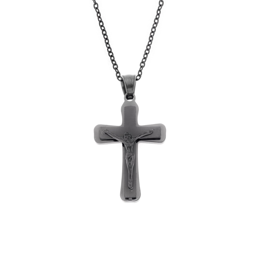 Μοτίφ Senza Men's Steel, Σταυρός με τον Εσταυρωμένο σε μαύρο χρώμα από ατσάλι - SSD5618BK