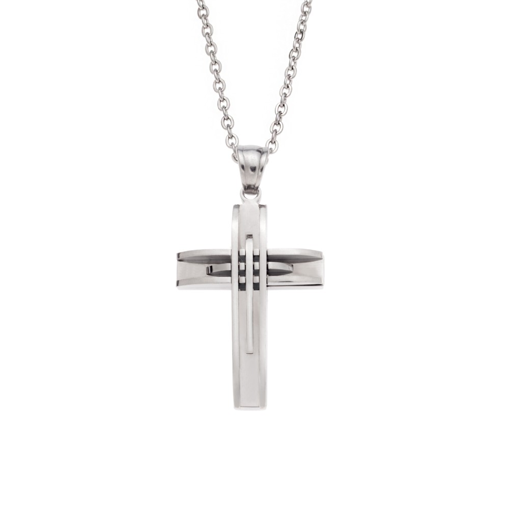 Μοτίφ Senza Men's Steel, Σταυρός με γραμμές από ατσάλι - SSD5633SR