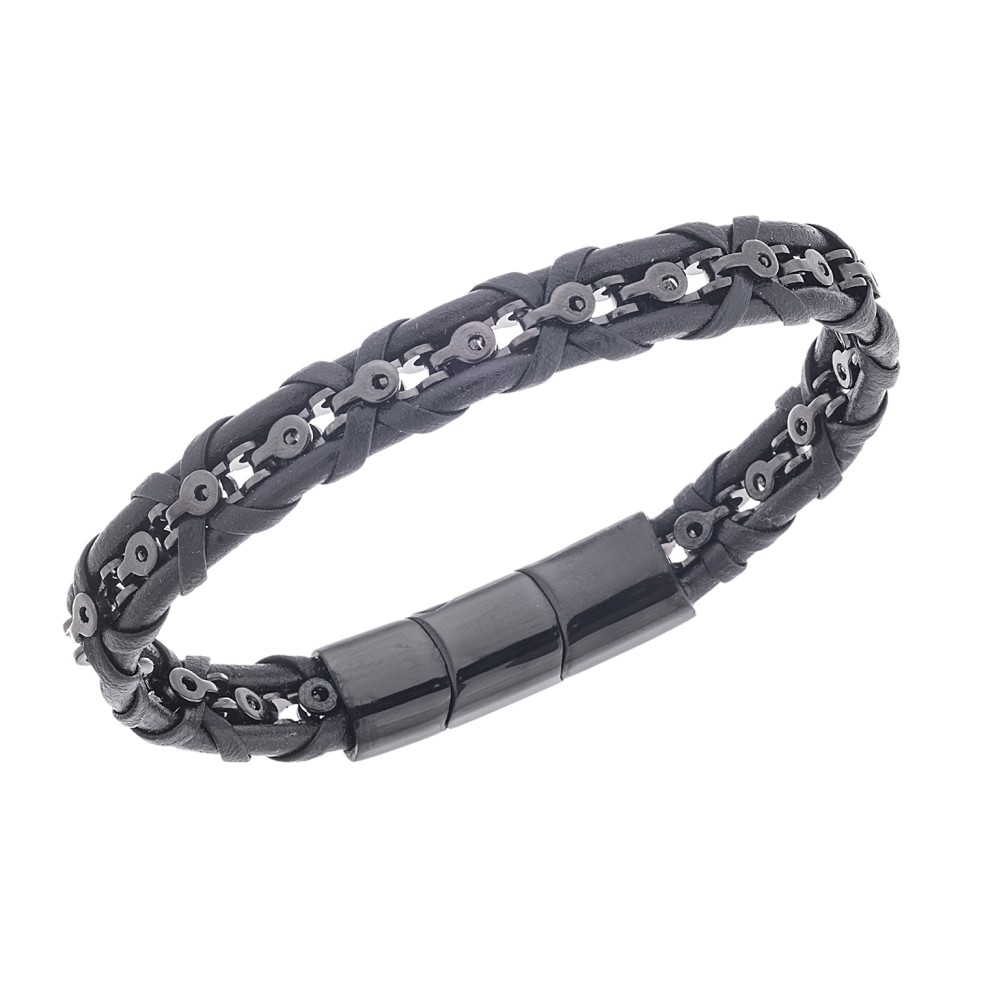 Βραχιόλι Senza Men's Steel Black Leather Strap - SSD5665BK