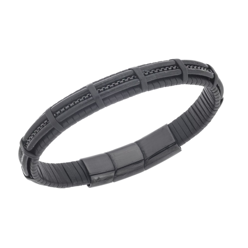 Βραχιόλι Senza Men's Steel Black Leather Strap - SSD5668BK