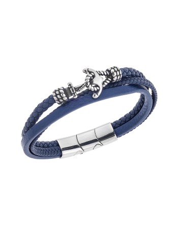 Βραχιόλι Senza Men's Steel Blue Leather Strap, τριπλό δέρμα με άγκυρα - SSD5671SBL