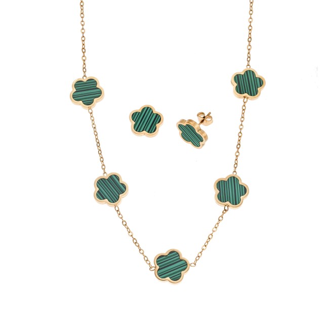 Σετ Γυναικείο Senza Gold Plated Stainless Steel, Κολιέ και σκουλαρίκια με πράσινες μαργαρίτες - SSD5741GGN