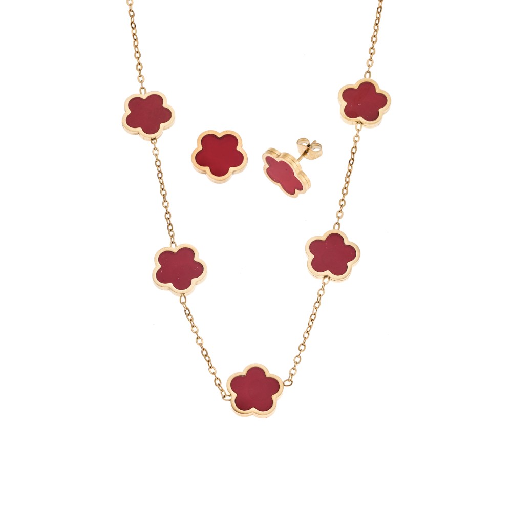 Σετ Γυναικείο Senza Gold Plated Stainless Steel, Κολιέ και σκουλαρίκια με κόκκινες μαργαρίτες - SSD5741GRD
