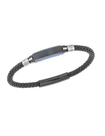 Βραχιόλι Senza Men's Silver & Blue Stainless Steel With Black Leather - SSD5753BBL