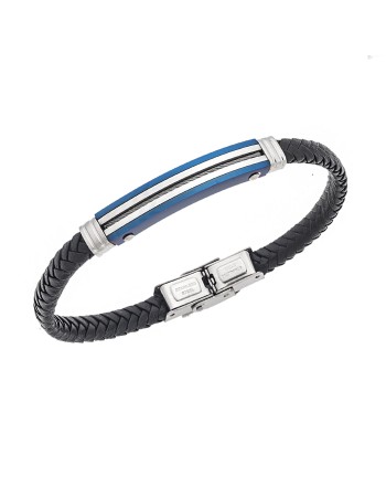 Βραχιόλι Senza Men's Silver&Blue Stainless Steel With Black Leather - SSD5757SBL