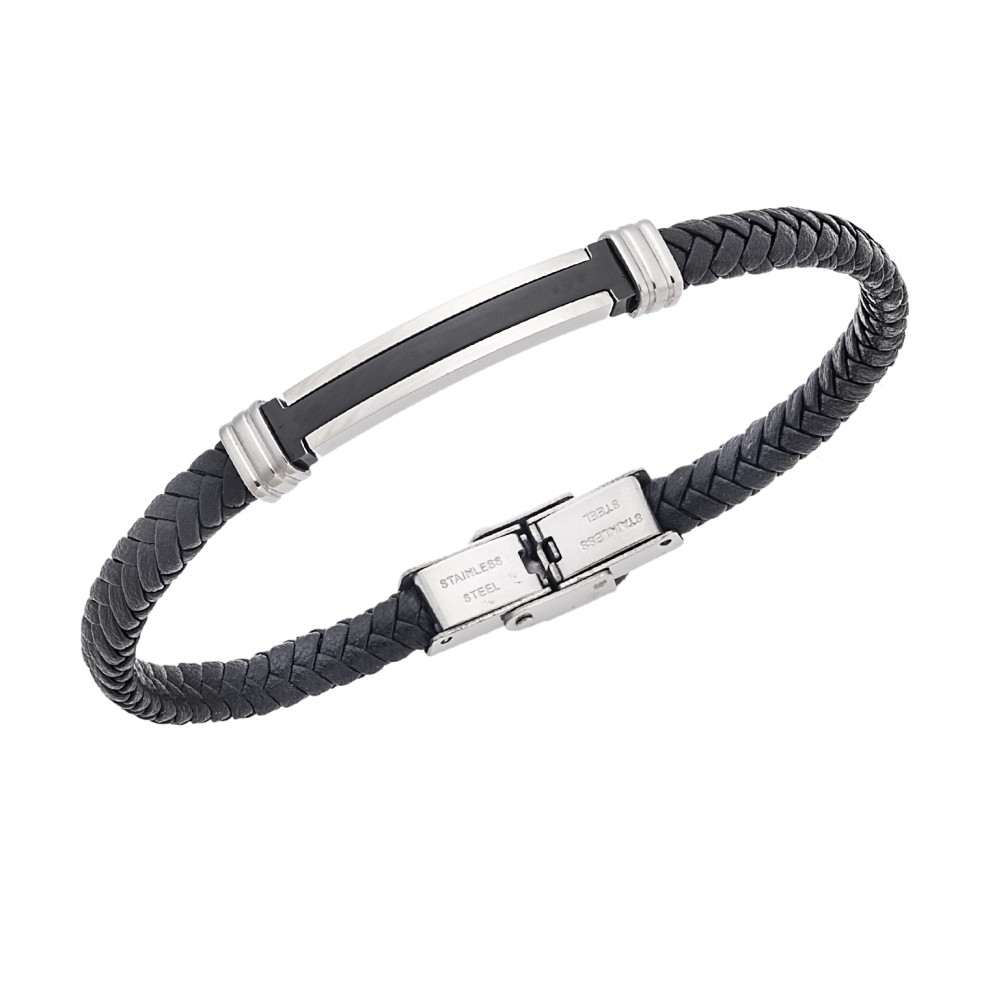 Βραχιόλι Senza Men's Silver&Black Stainless Steel With Black Leather - SSD5758SBK