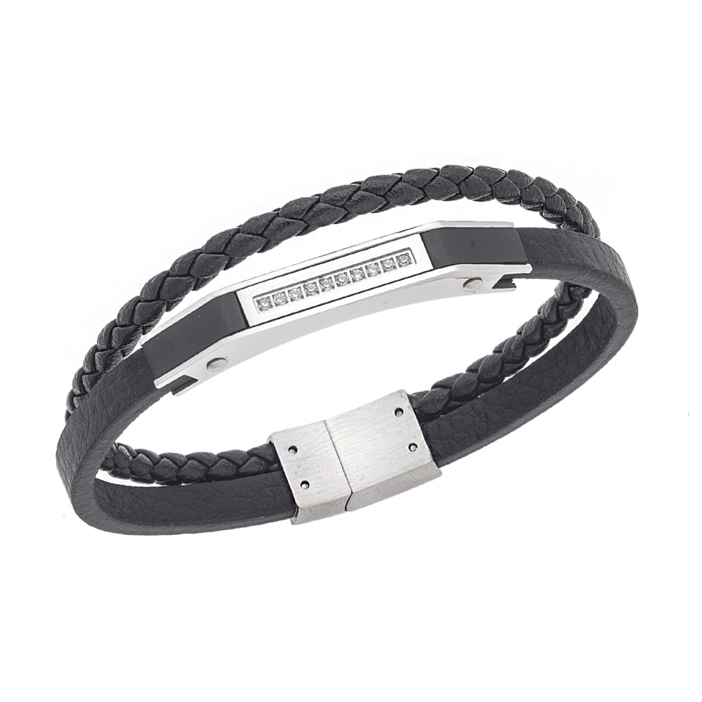 Βραχιόλι Senza Men's Silver Stainless Steel With Black Leather - SSD5763SBK