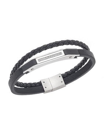 Βραχιόλι Senza Men's Silver Stainless Steel With Black Leather - SSD5763SBK