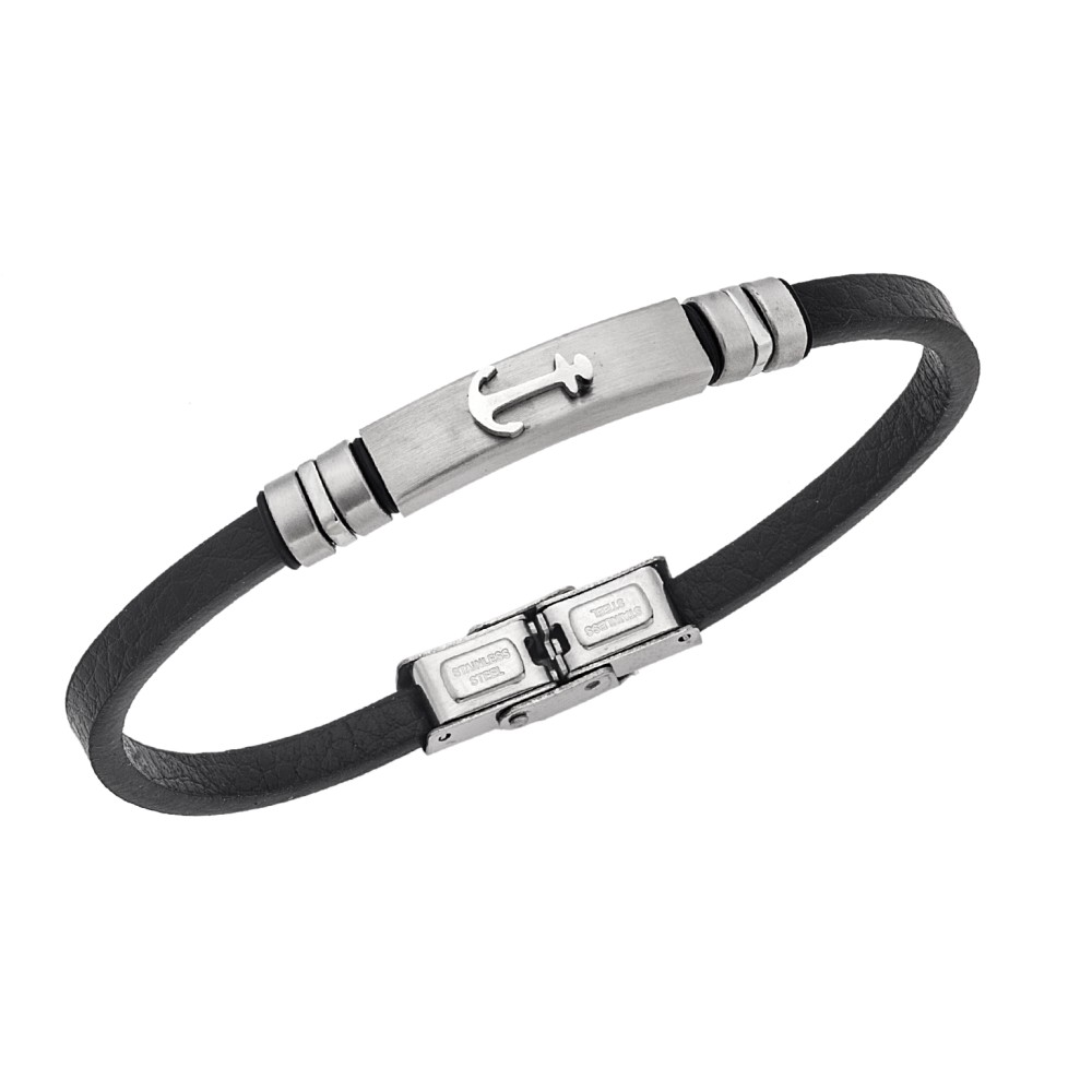 Βραχιόλι Senza Men's Steel, Black Leather Strap With Anchor - SSD5765SR