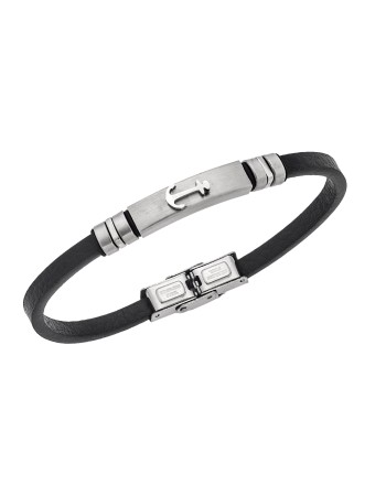 Βραχιόλι Senza Men's Steel, Black Leather Strap With Anchor - SSD5765SR