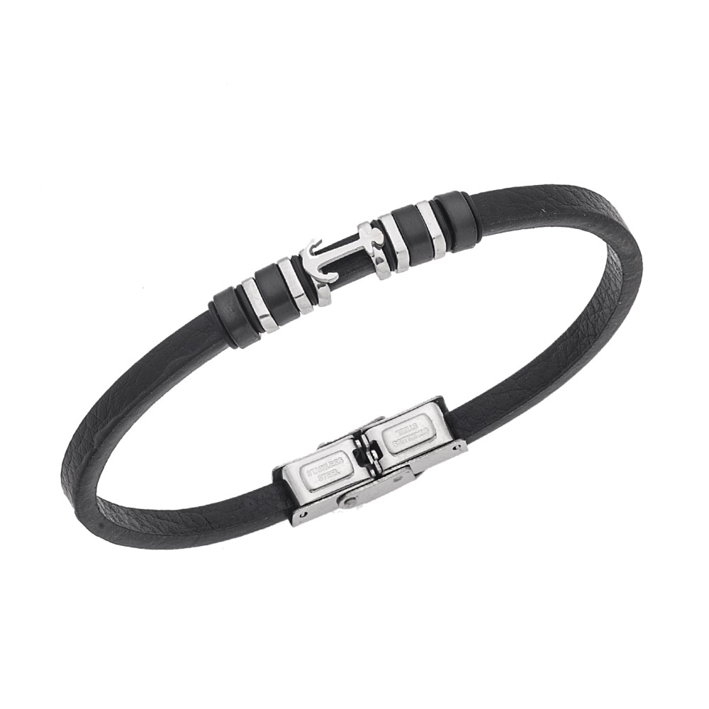 Βραχιόλι Senza Men's Steel, Black Leather Strap With Silver Anchor - SSD5768SBK