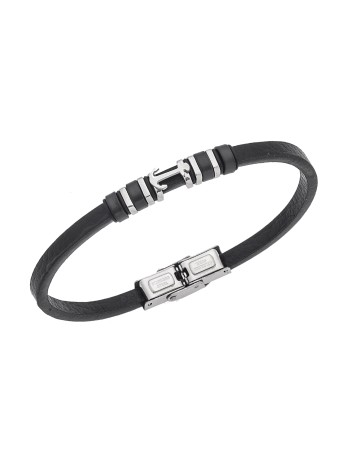 Βραχιόλι Senza Men's Steel, Black Leather Strap With Silver Anchor - SSD5768SBK