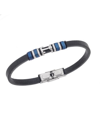 Βραχιόλι Senza Men's Steel, Black Leather Strap With Silver Anchor - SSD5768SBL