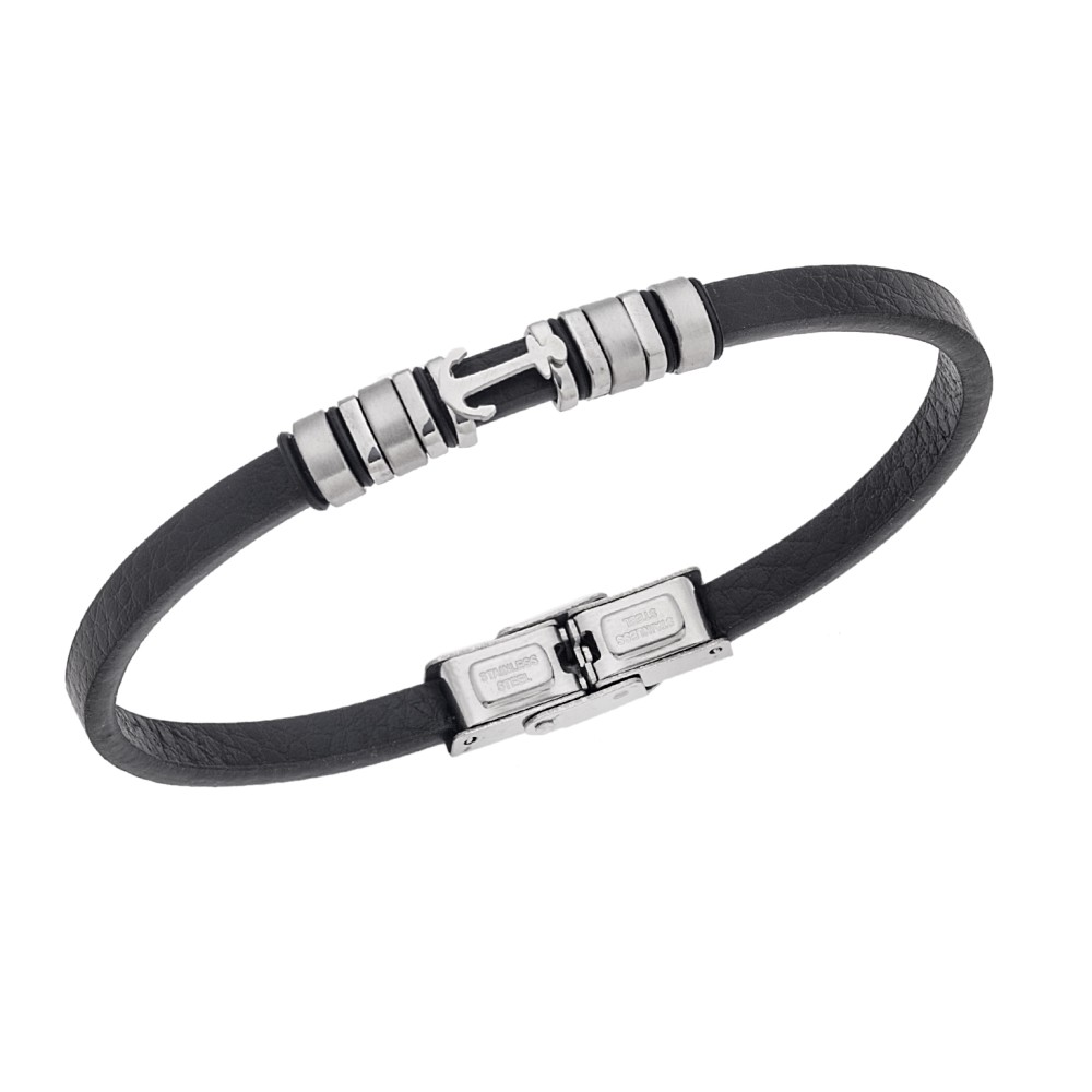 Βραχιόλι Senza Men's Steel, Black Leather Strap With Silver Anchor - SSD5768SR