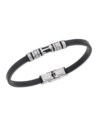 Βραχιόλι Senza Men's Steel, Black Leather Strap With Silver Anchor - SSD5768SR