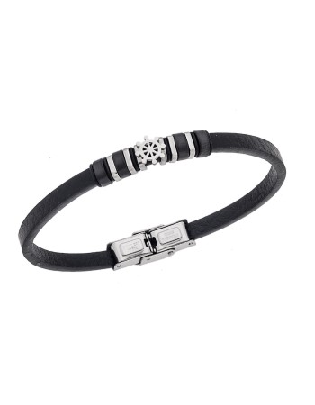 Βραχιόλι Senza Men's Steel, Black Leather Strap - SSD5769SBK