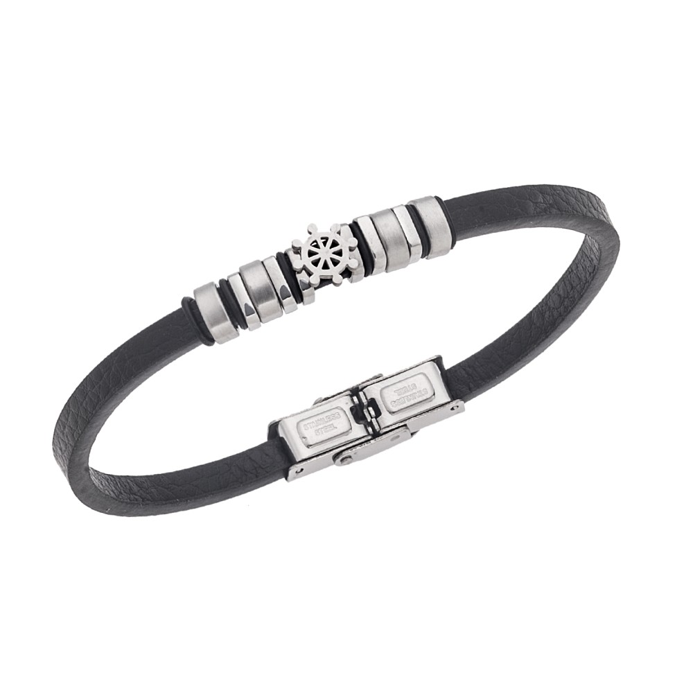 Βραχιόλι Senza Men's Steel, Black Leather Strap - SSD5769SR