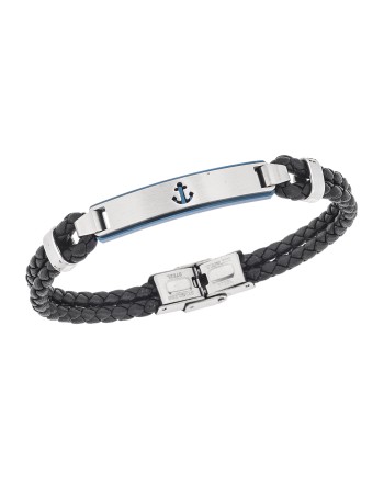 Βραχιόλι Senza Men's Steel, Black Leather Strap With Anchor - SSD5776SBL