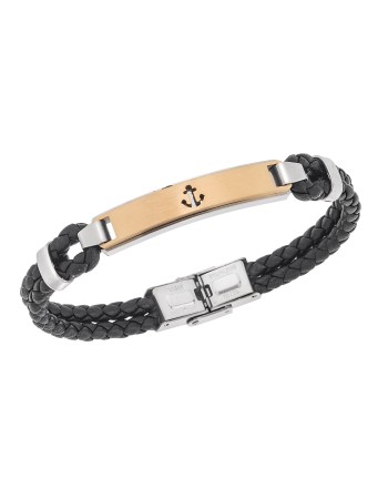 Βραχιόλι Senza Men's Gold Plated Steel, Black Leather Strap With Anchor - SSD5776SGD