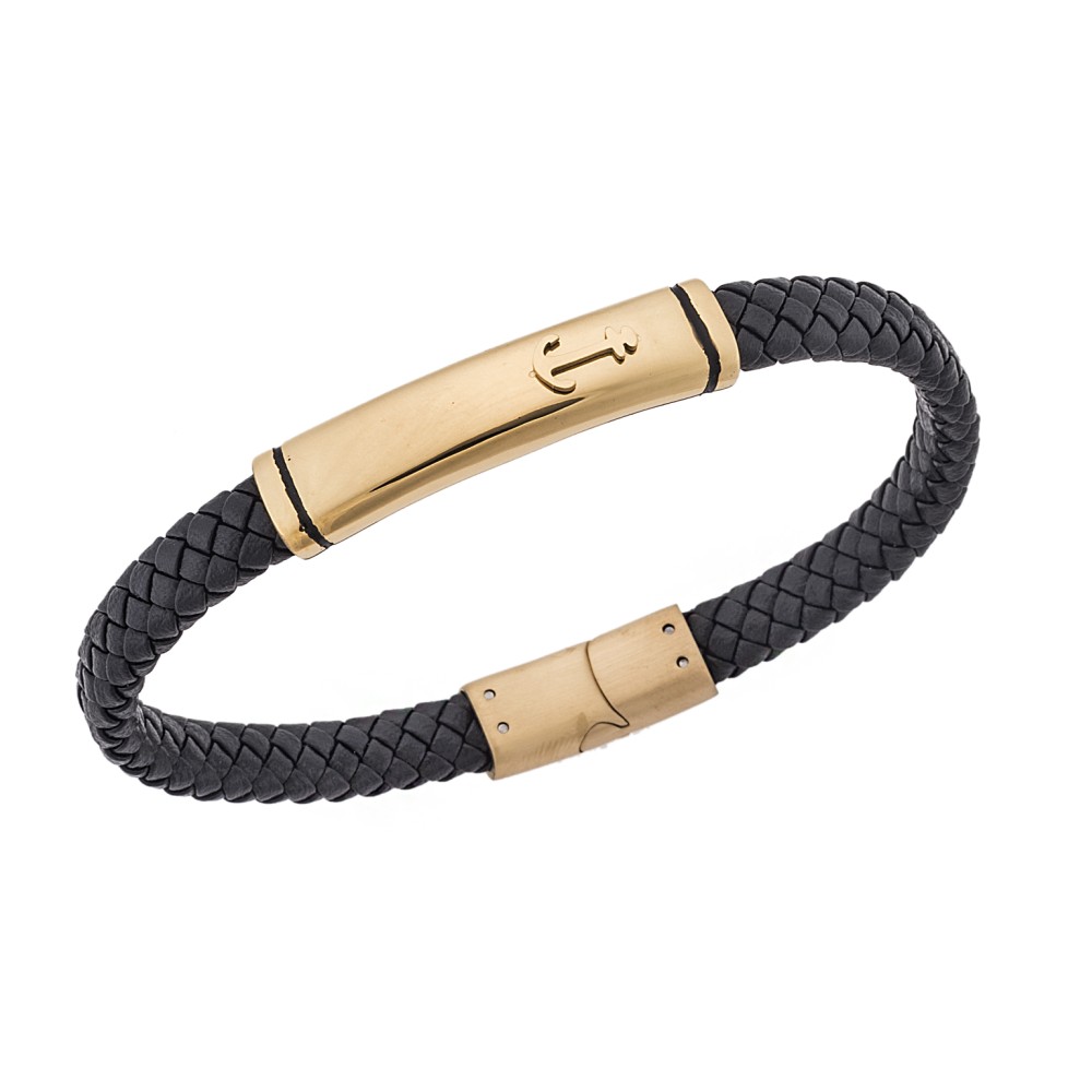 Βραχιόλι Senza Men's Gold Plated Steel, Black Leather Strap With Anchor - SSD5777GD